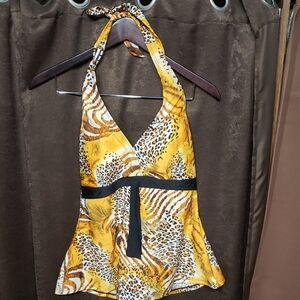 Yellow and Black Bathing Suit Women's Size 14 Nylon Spandex Leopard